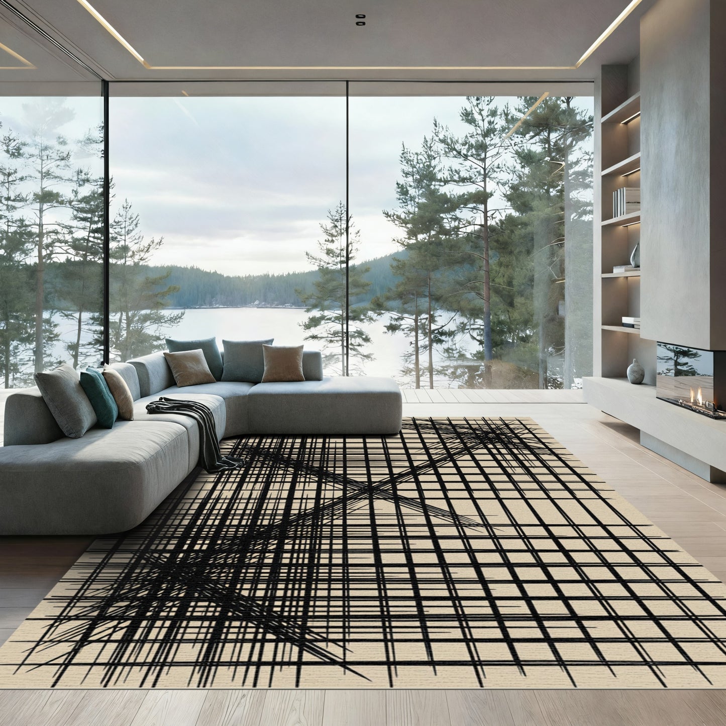 Modern Minimalist Black Grid Monochromatic Rug