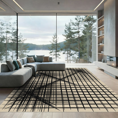 Modern Minimalist Black Grid Monochromatic Rug