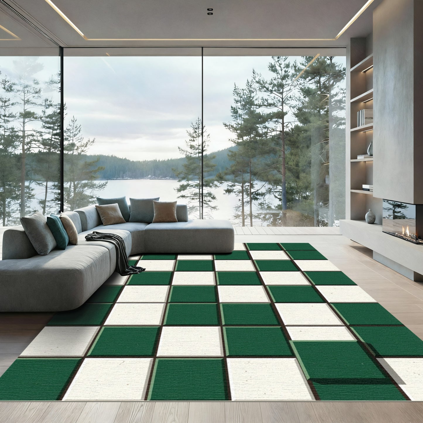 Emerald White Checkerboard Squares Rug