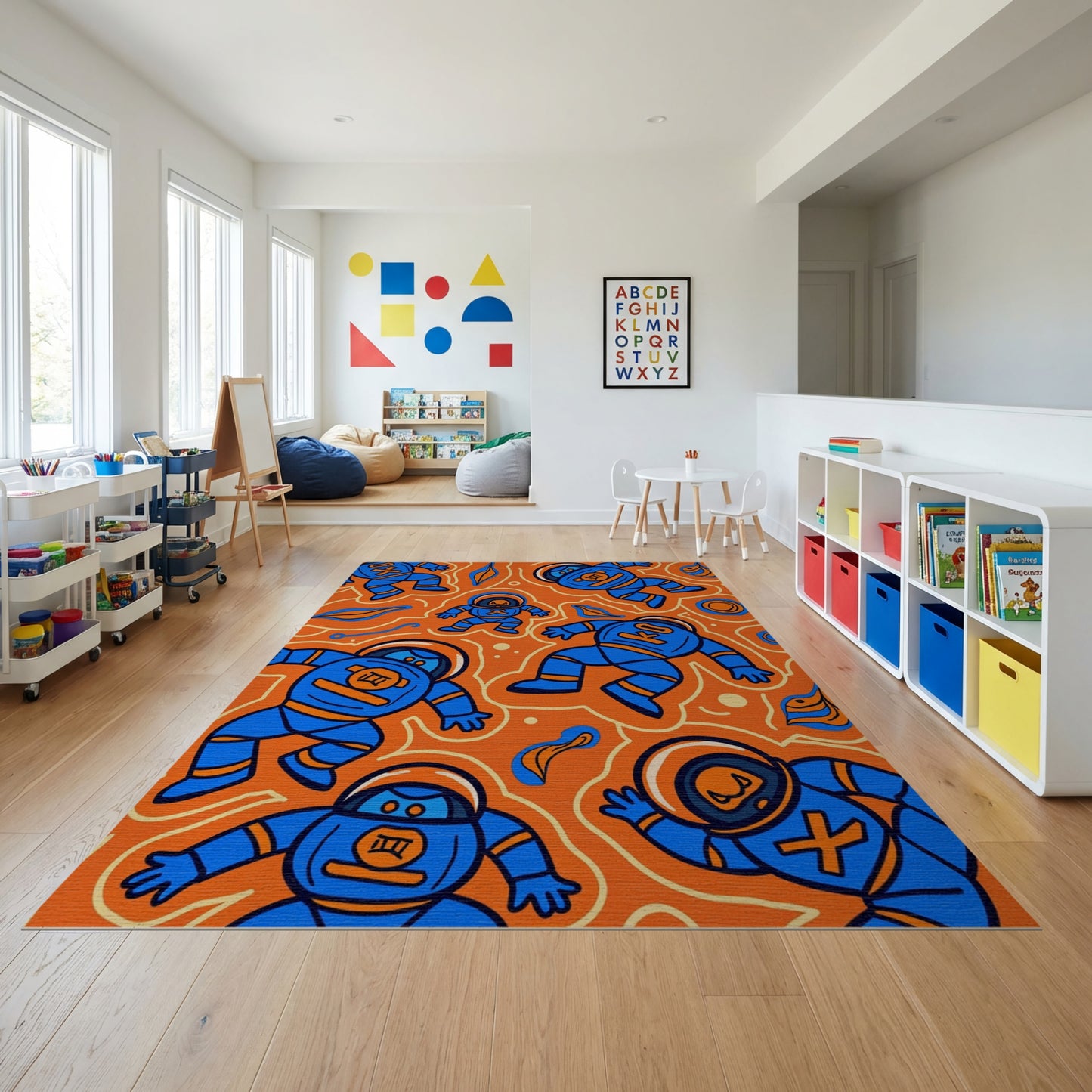 Playful Blue Astronauts Vibrant Orange Rug