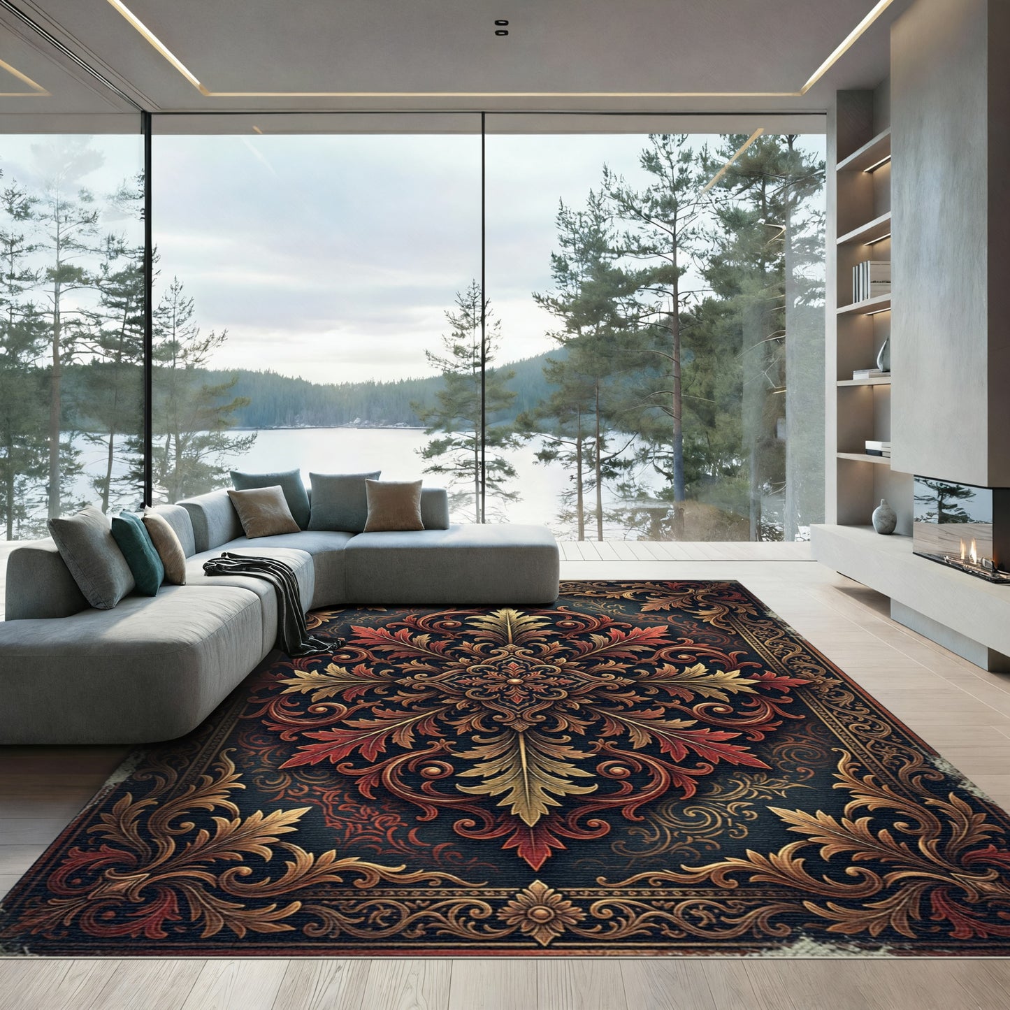 Ornate Crimson and Gold Damask Medallion Rug