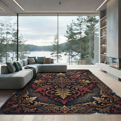 Ornate Crimson and Gold Damask Medallion Rug