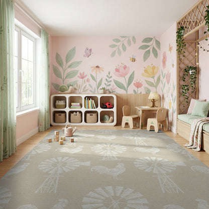 Farmhouse Windmill Rooster Pattern Rug