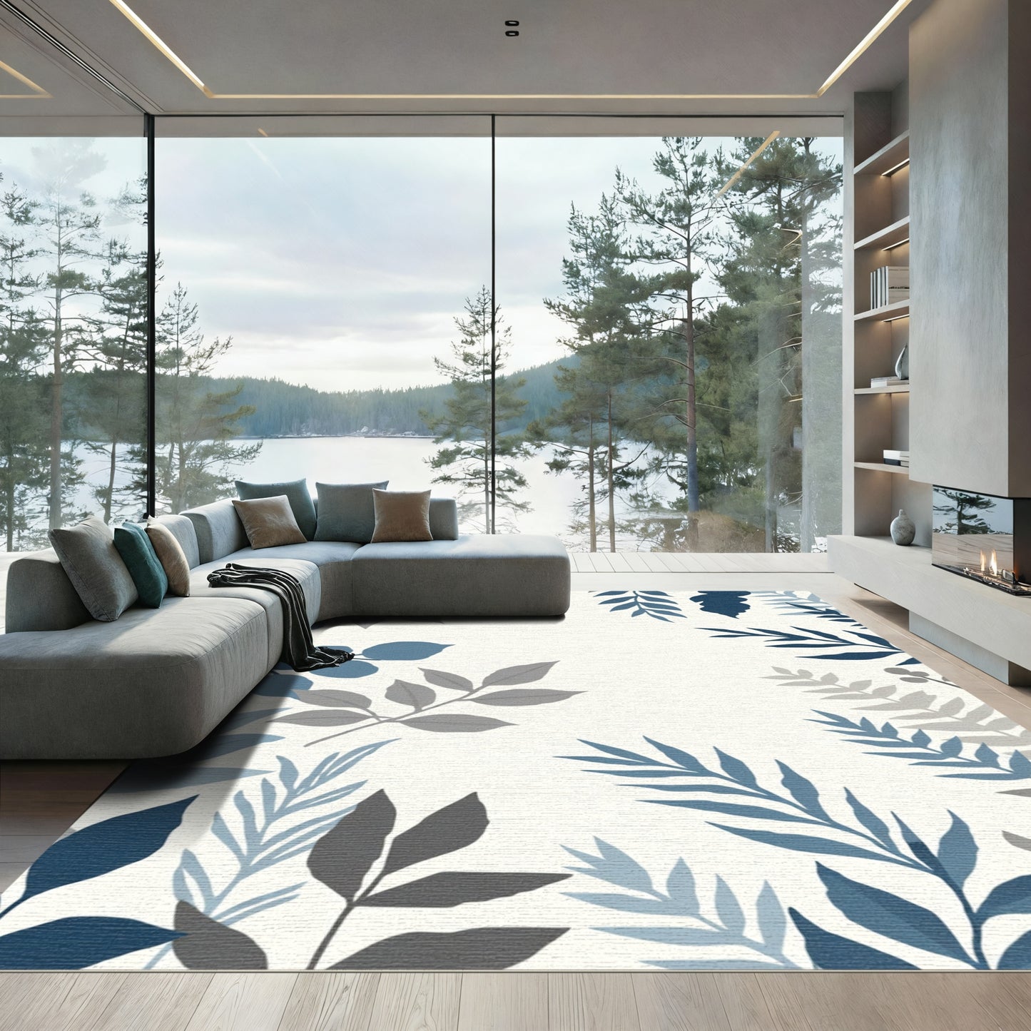 Slate Blue And Gray Leafy Vine Rug