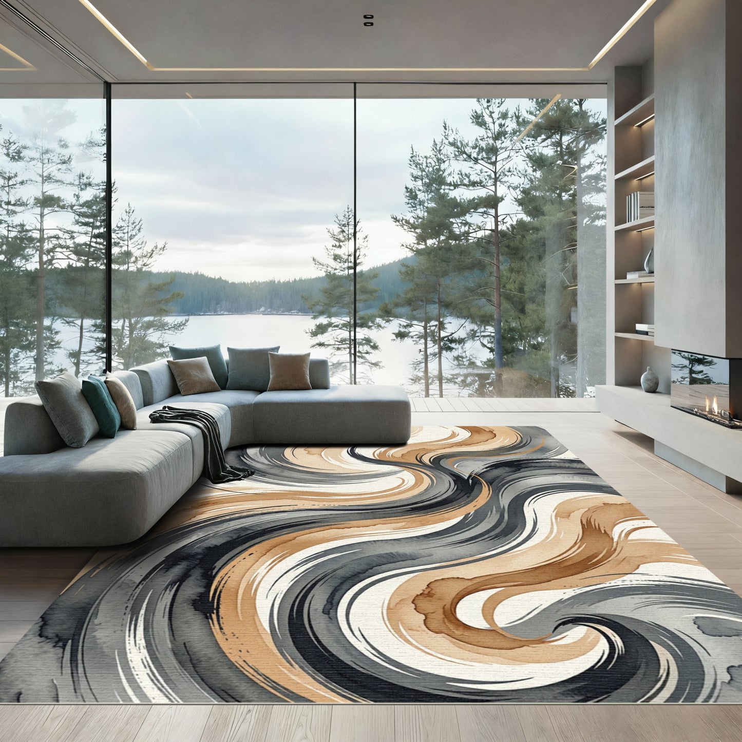 Modern Charcoal and Ochre Abstract Swirl Rug