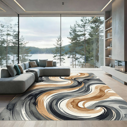 Modern Charcoal and Ochre Abstract Swirl Rug
