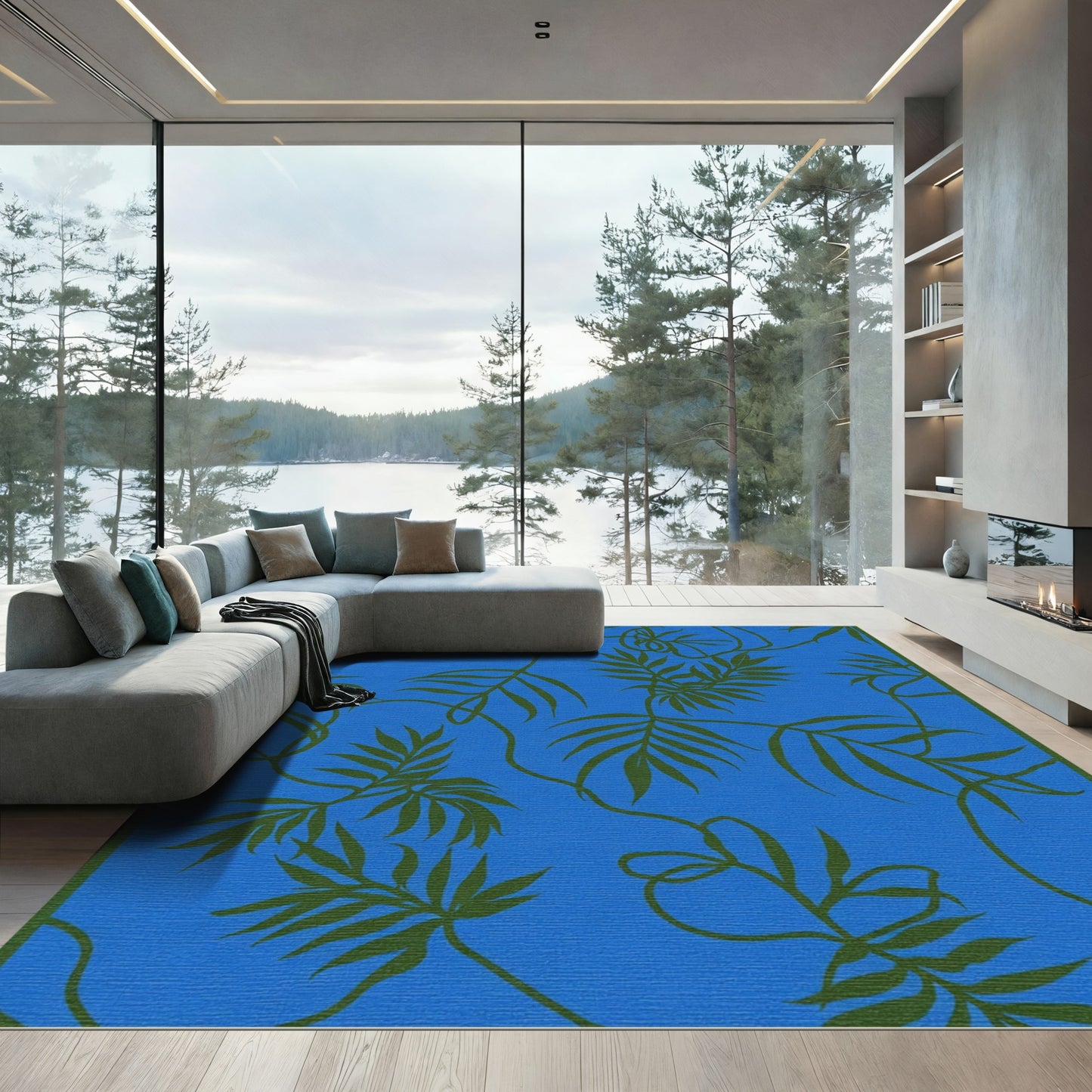 Vibrant Blue Green Leafy Vine Rug