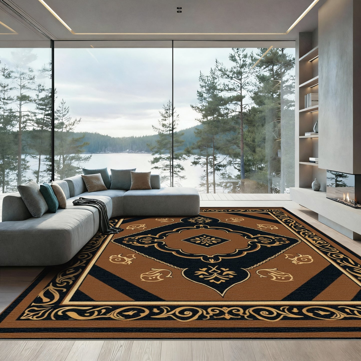 Ornate Brown Black Golden Medallion Rug