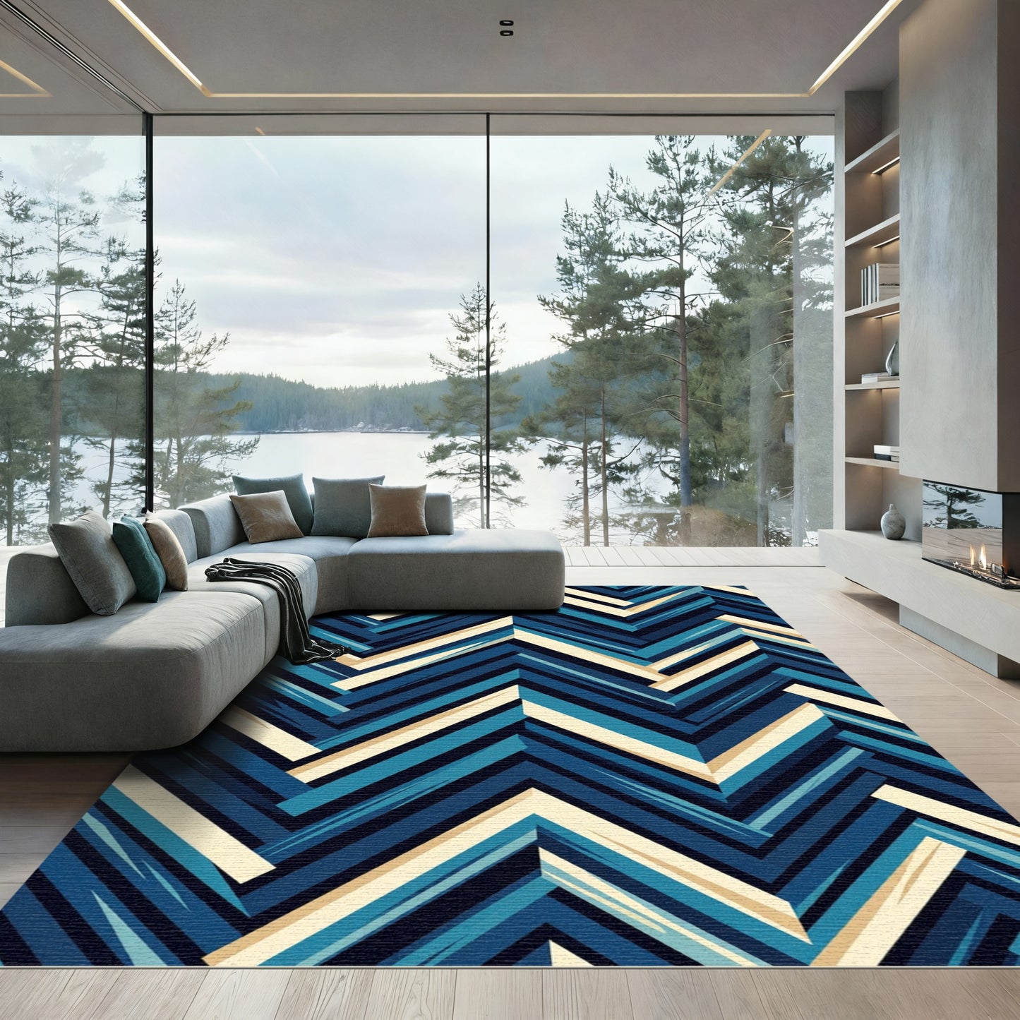 Navy Blue Chevron Geometric Layered Art Rug