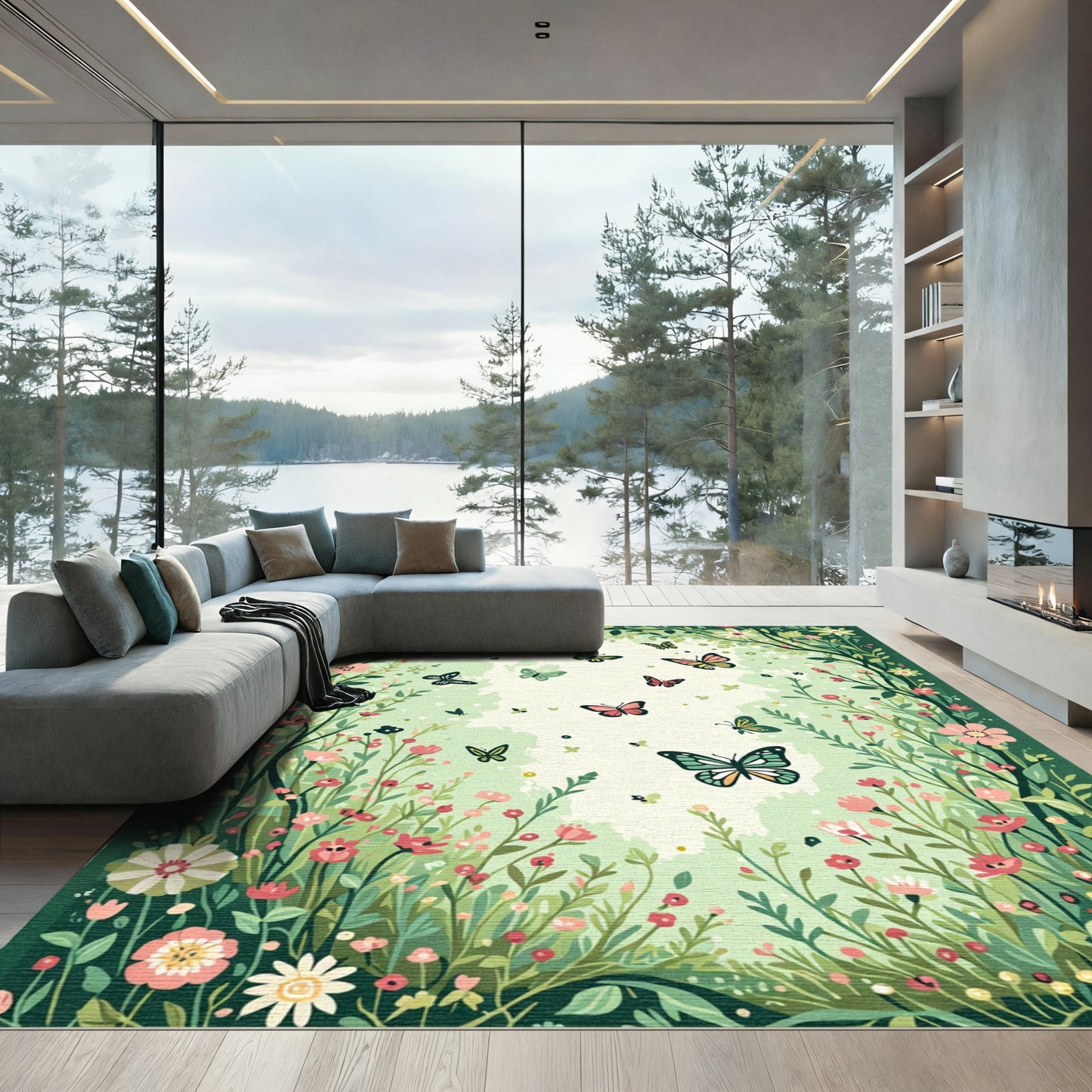 Whimsical Pink Blossom Butterfly Garden Rug