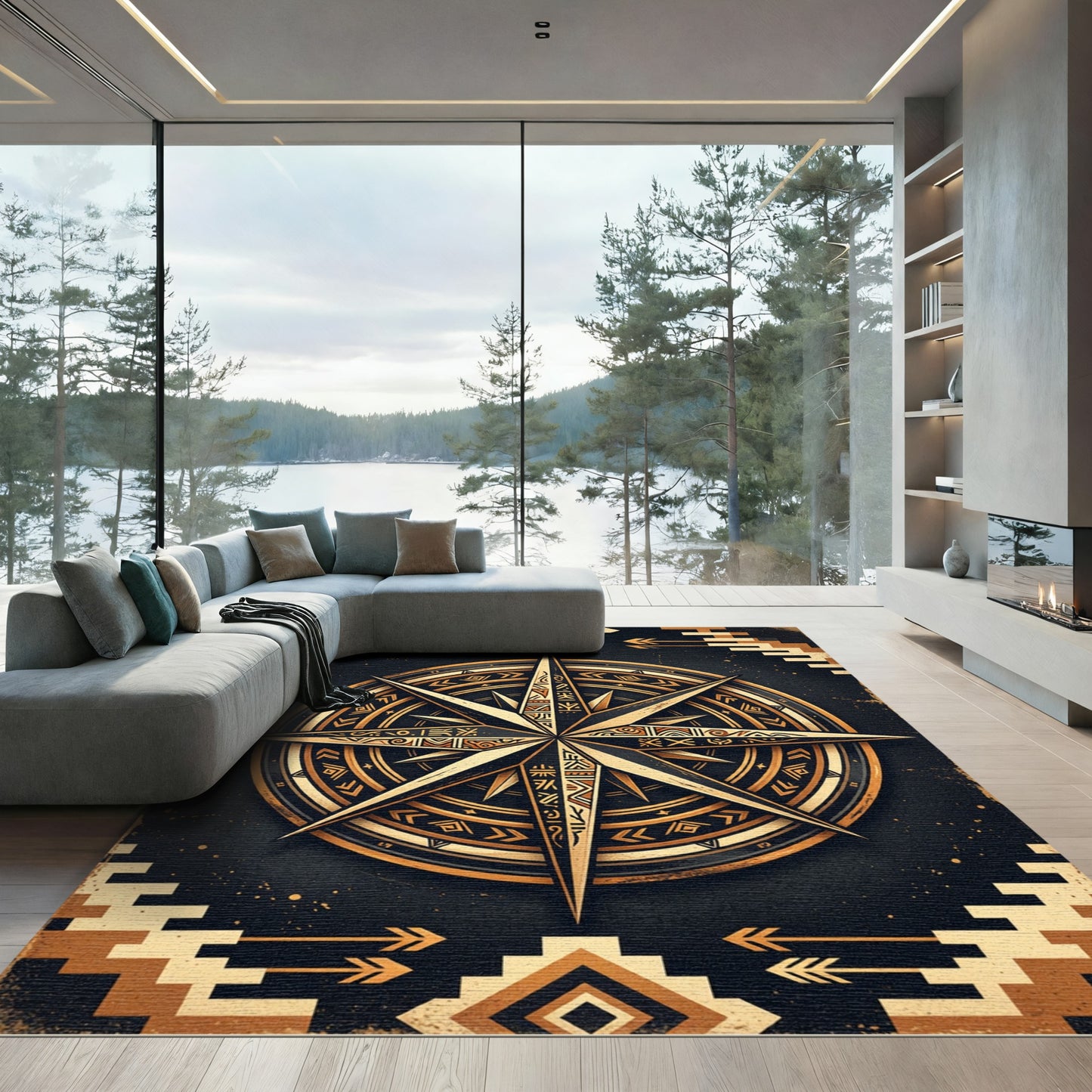 Earthy Gold Compass Southwestern Geometric Rug