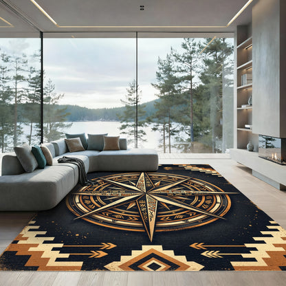 Earthy Gold Compass Southwestern Geometric Rug