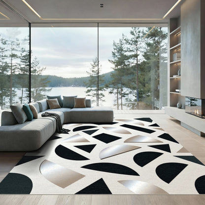 Abstract Geometric Shapes Black Silver Rug