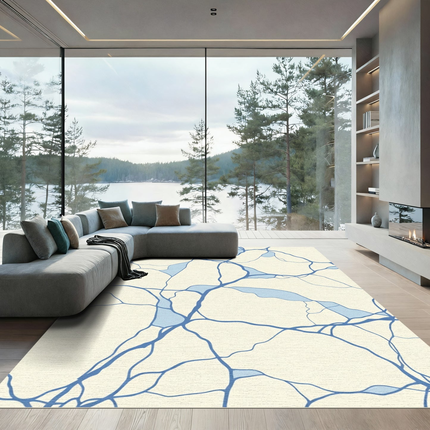 Cream Blue Abstract Organic Lines Rug
