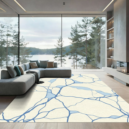 Cream Blue Abstract Organic Lines Rug