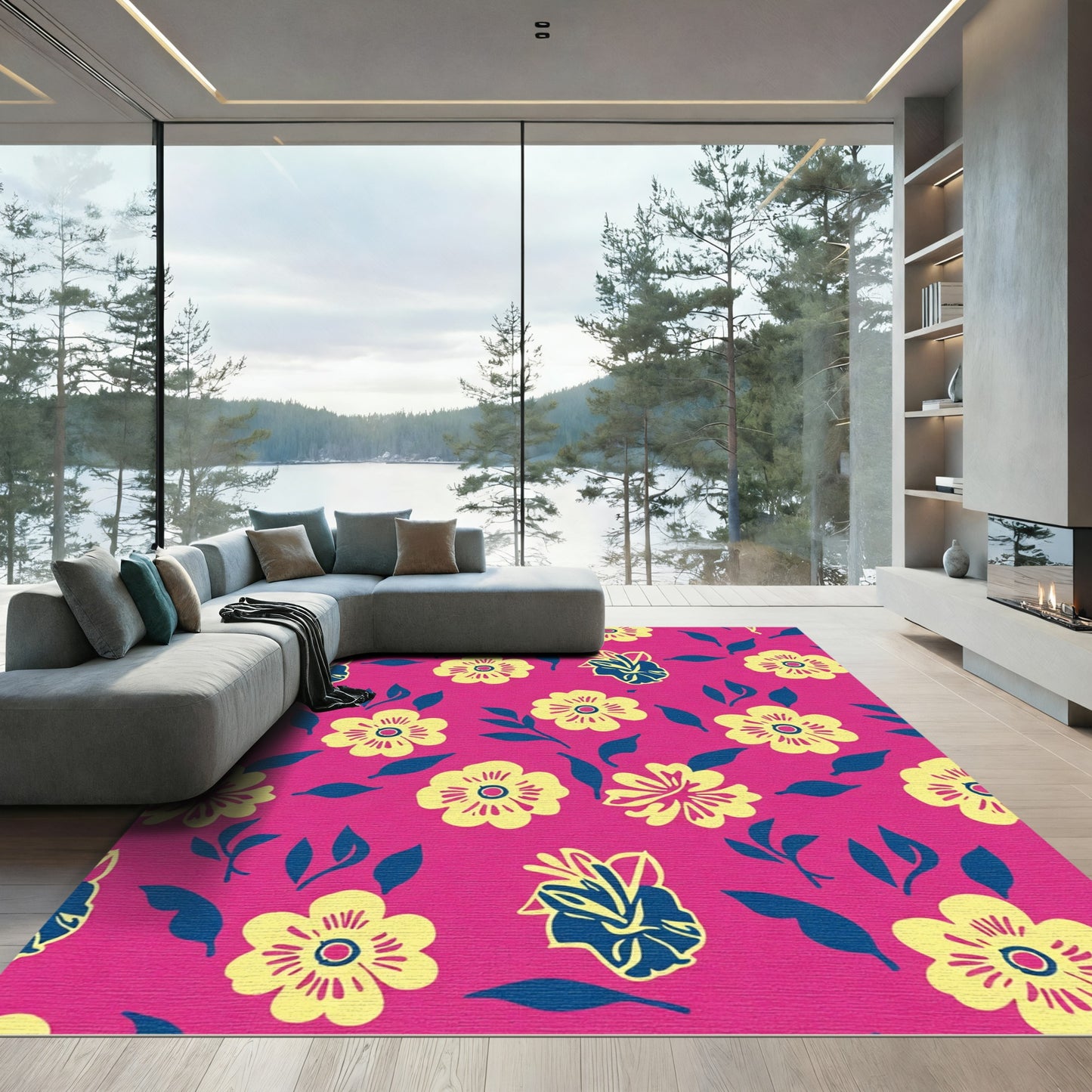 Cerulean Blue Yellow Floral Spray Rug