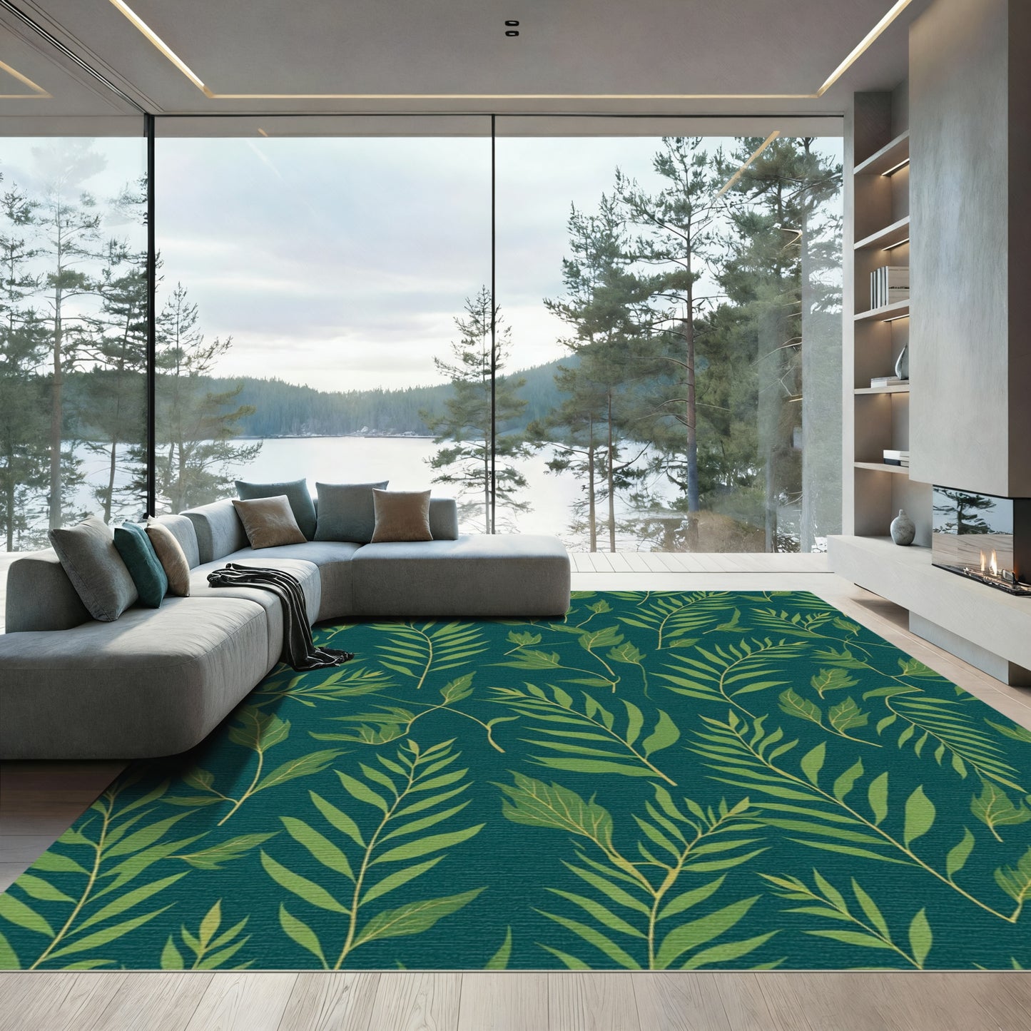 Deep Teal Green Leafy Botanical Rug