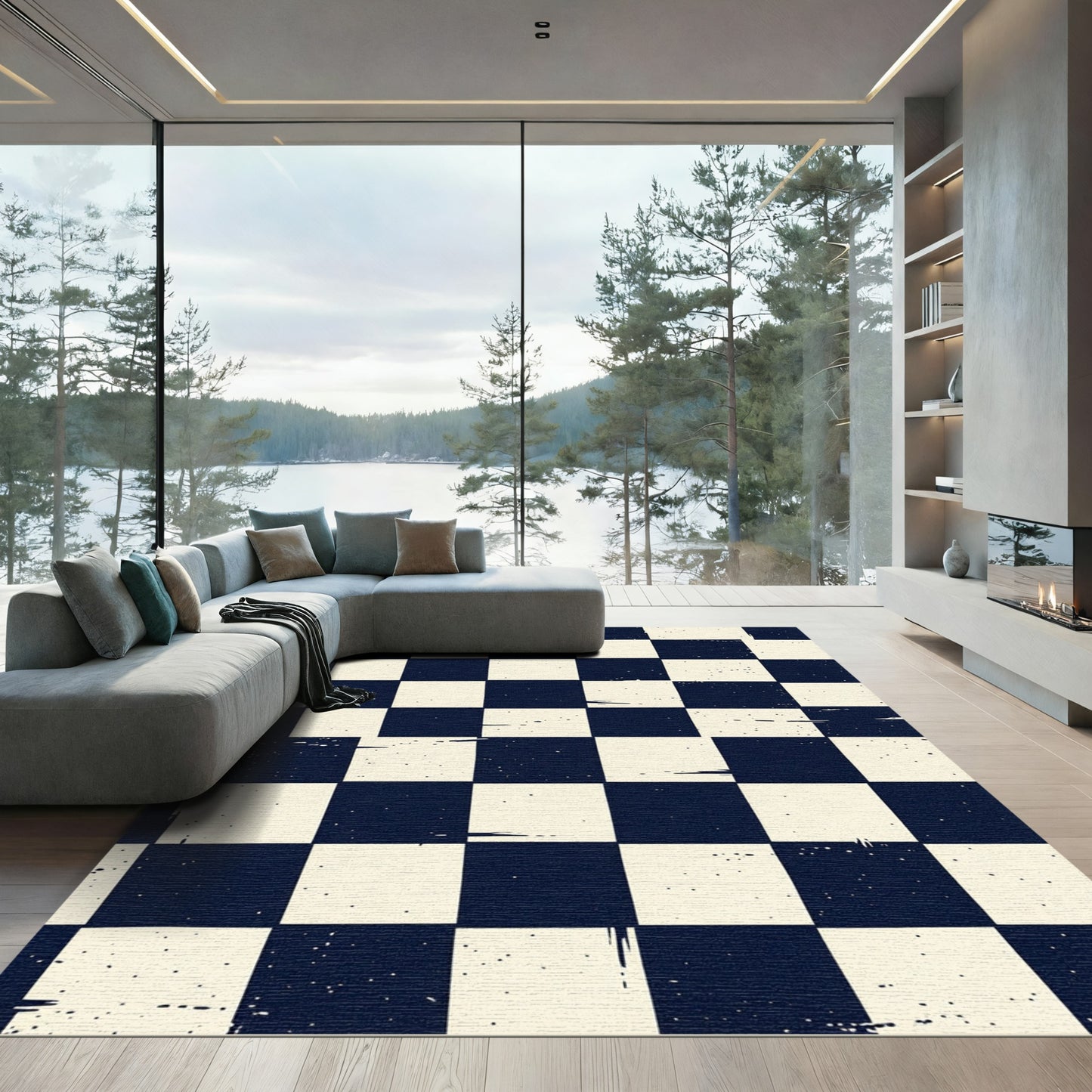 Vintage Navy Checkerboard Splatter Rug