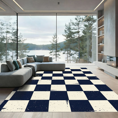 Vintage Navy Checkerboard Splatter Rug