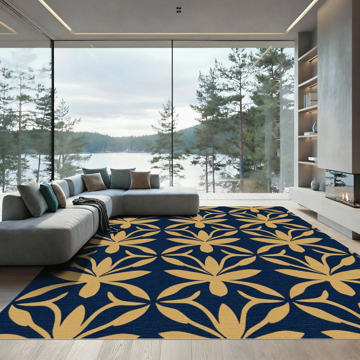 Golden Ochre Art Deco Floral Rug
