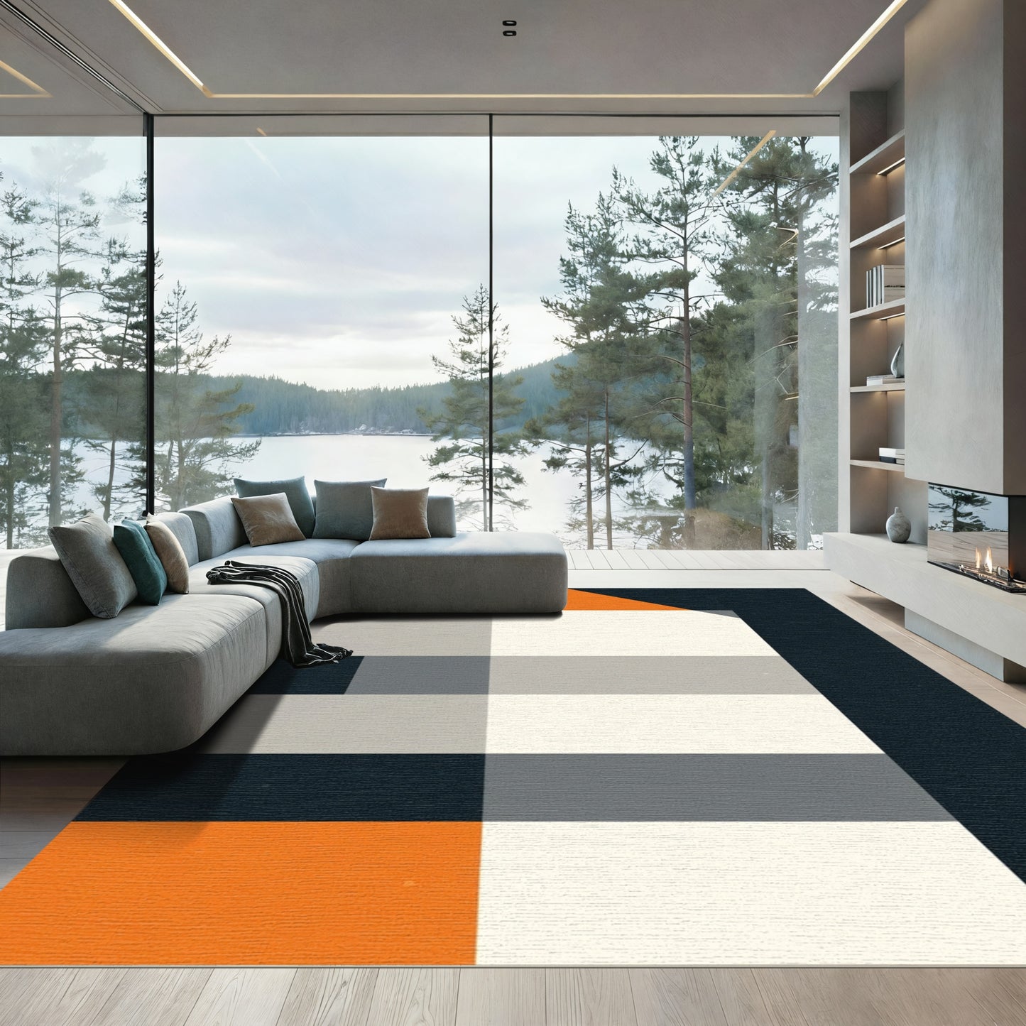 Bold Orange Gray Monochromatic Check Rug