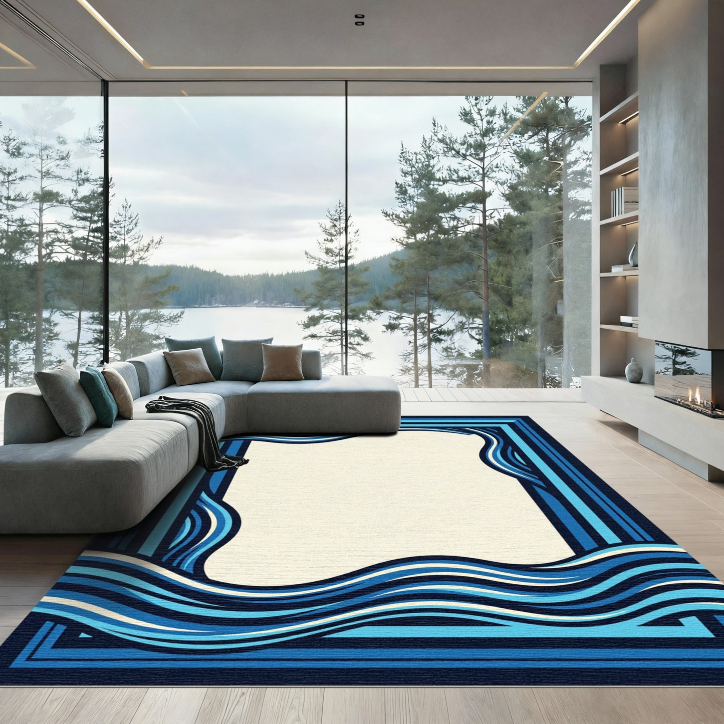 Abstract Oceanic Wave Navy Geometric Frame Rug