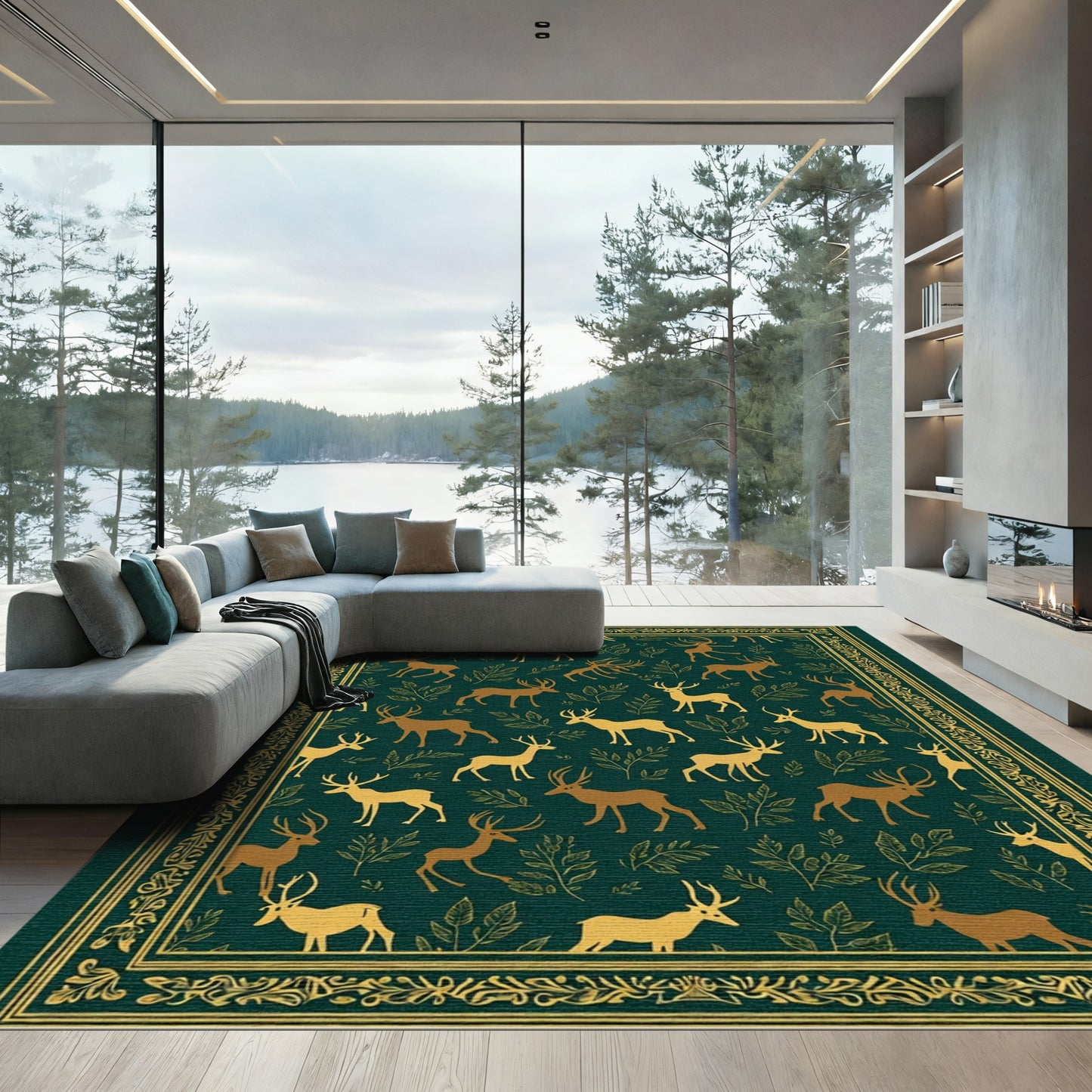 Golden Deer Forest Botanical Rug