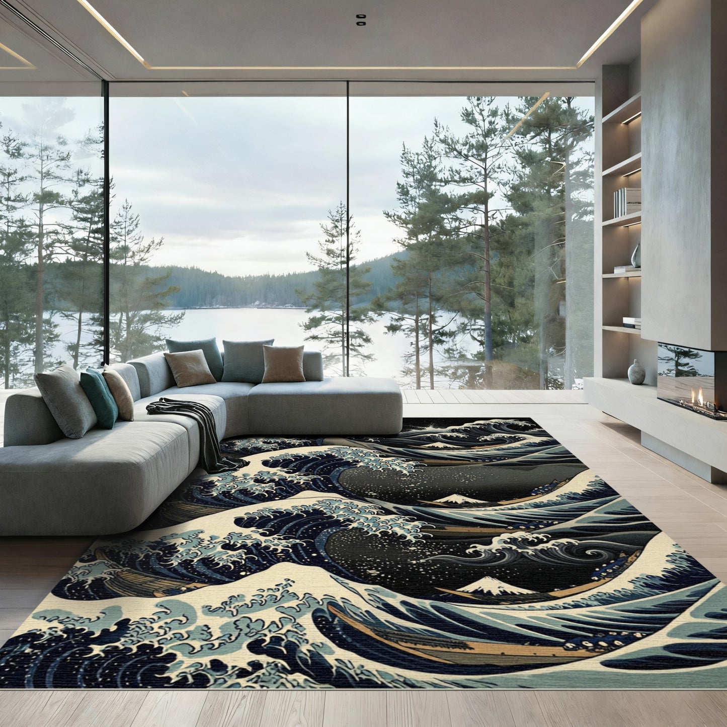 Great Wave Blue White Ocean Scene Rug
