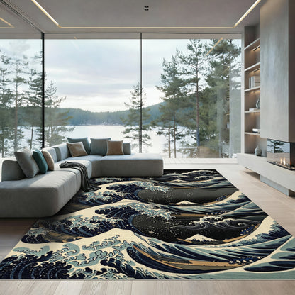 Great Wave Blue White Ocean Scene Rug