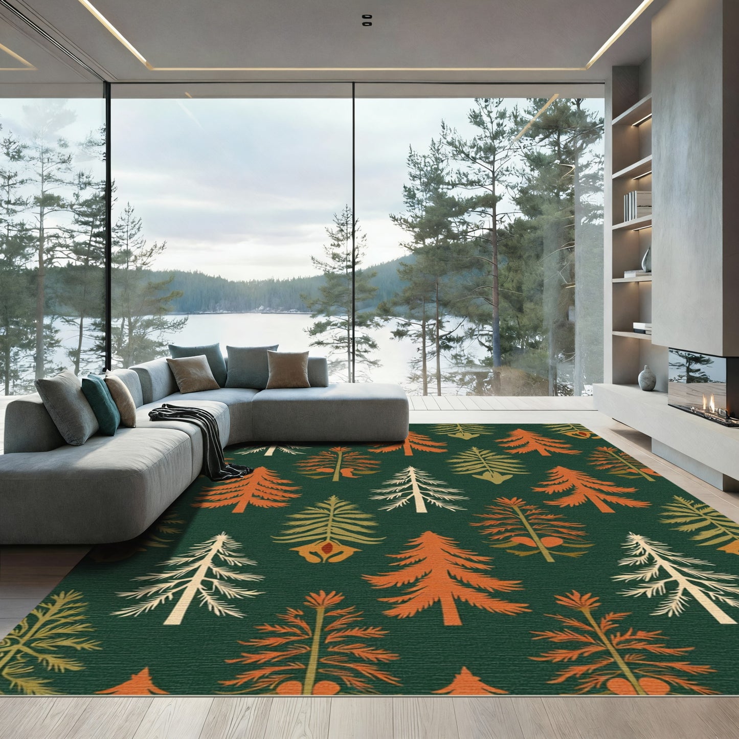 Forest Trees Amber Cream Green Rug