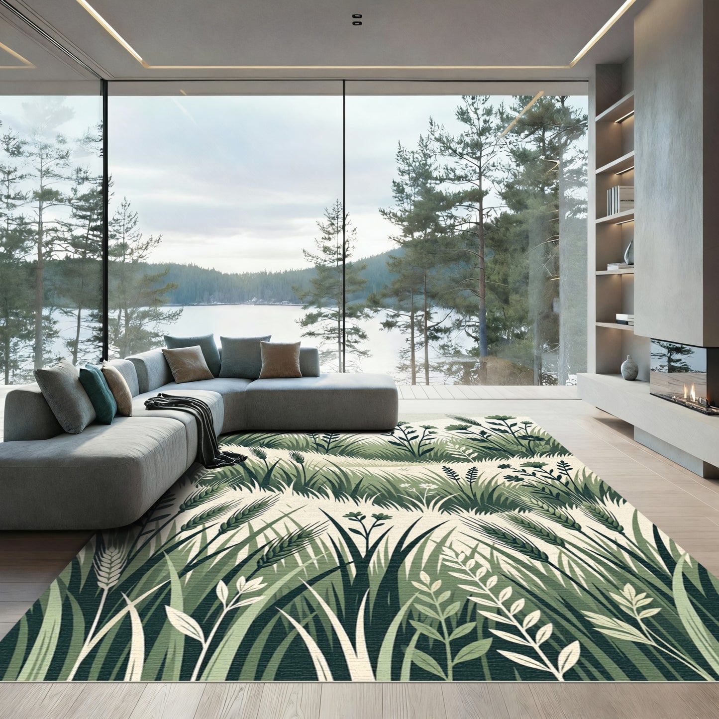 Earthy Green Wildflower Meadow Rug