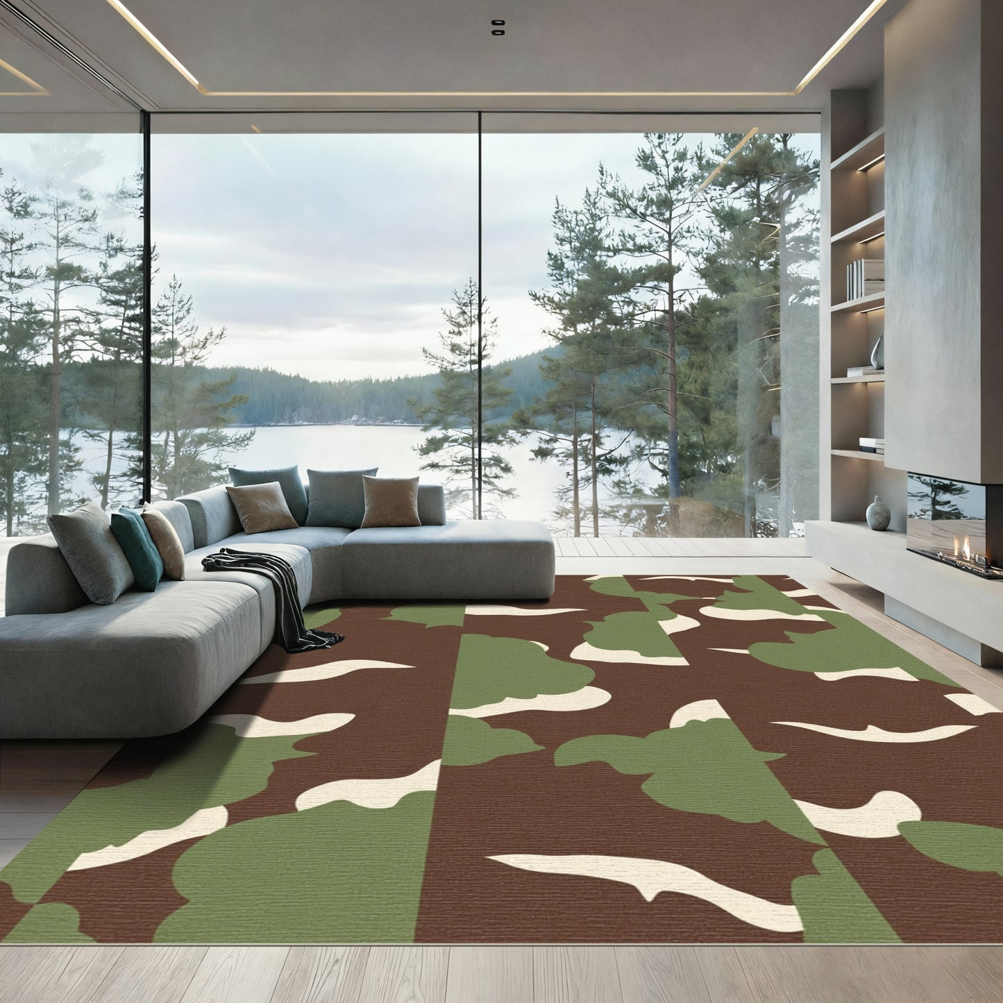 Abstract Camouflage Brown Green White Rug