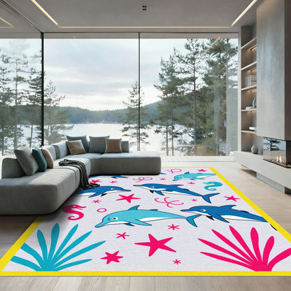 Blue And Pink Ocean Dolphin Stars Rug