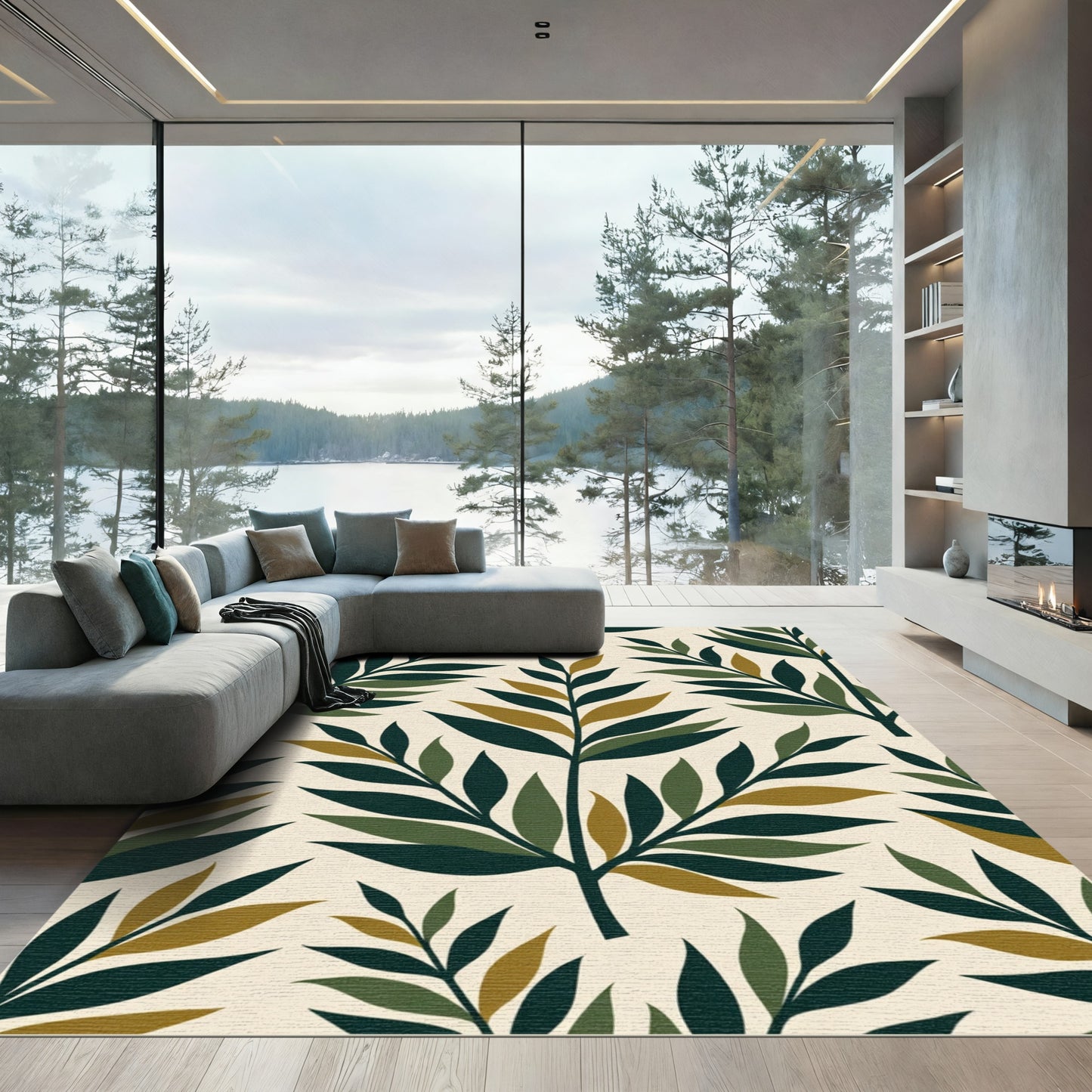 Vintage Green Leafy Branch Composition Rug