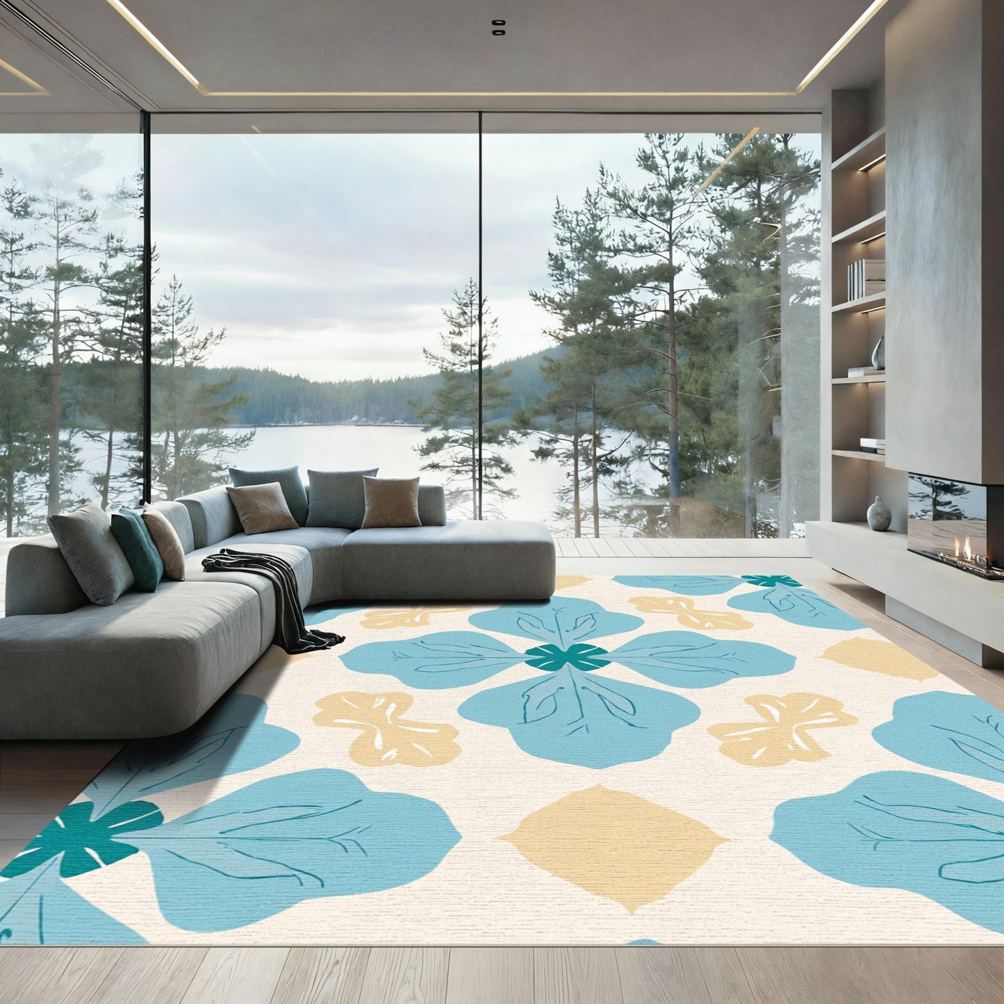 Aqua Yellow Floral Medallion Rug