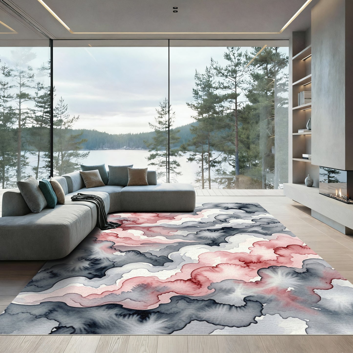 Watercolor Blush and Charcoal Cloud Abstract Rug