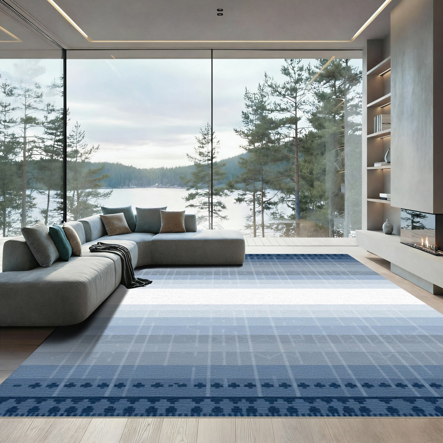 Cool Blue Gradient Geometric Border Rug