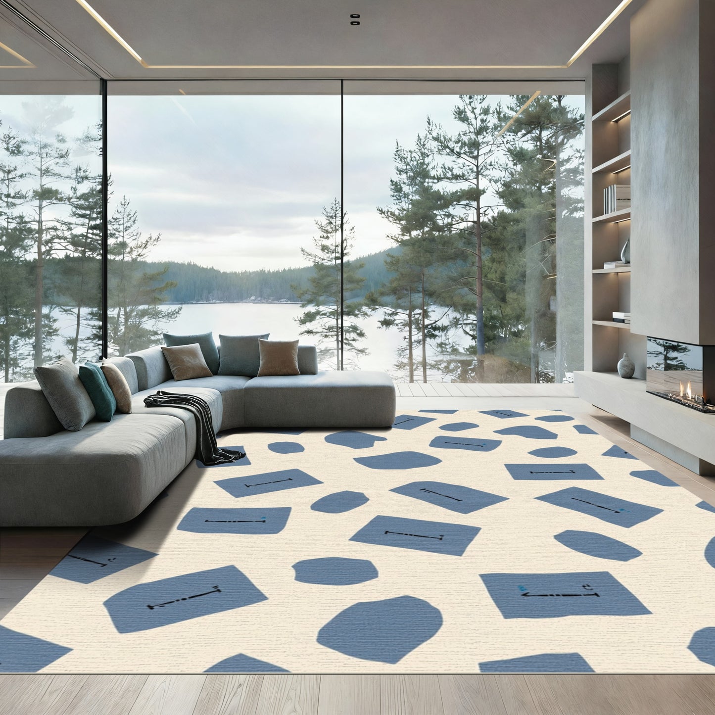 Blue Abstract Rectangles With Symbols Rug