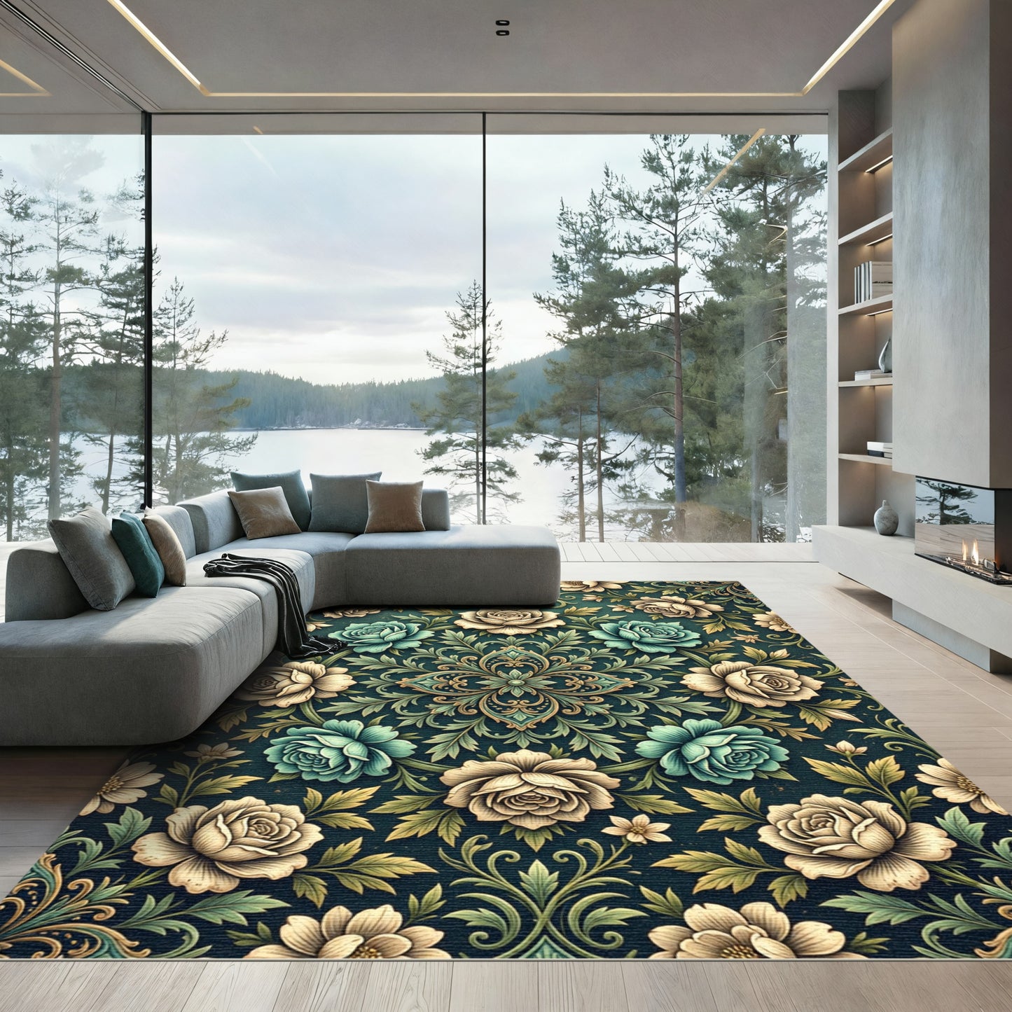 Vintage Teal and Beige Floral Medallion Rug