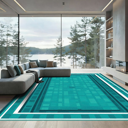 Teal Geometric Border Quilt Rug