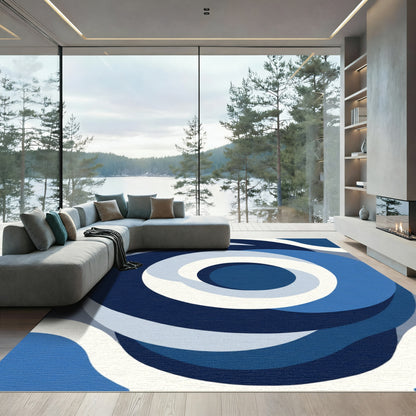 Abstract Blue Swirl Layered Rings Rug