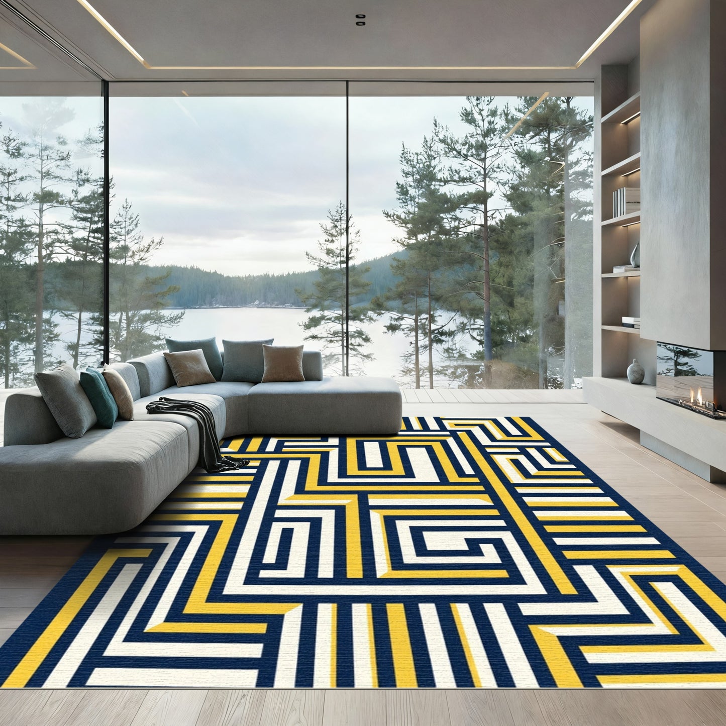Navy Yellow White Geometric Labyrinth Rug