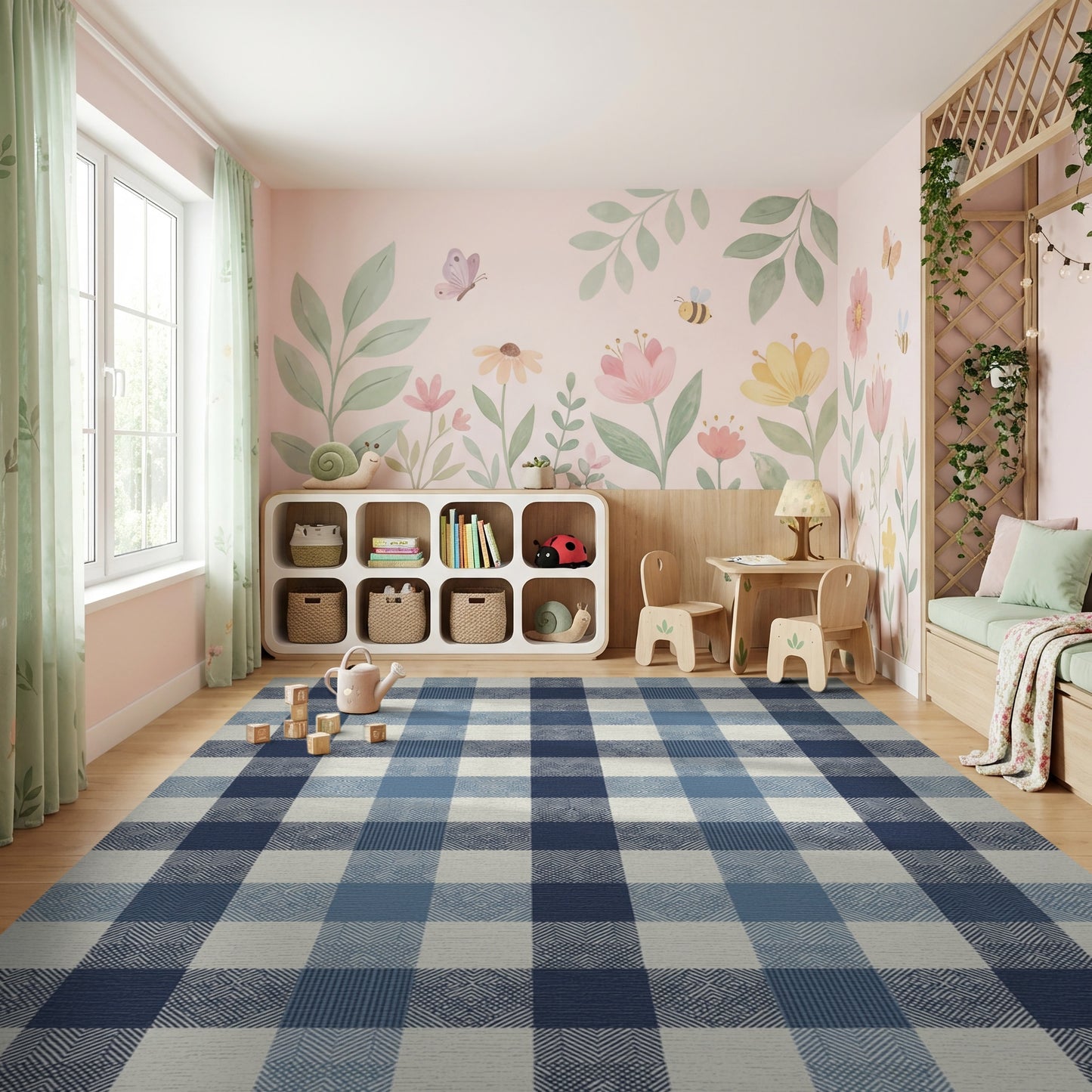 Navy Blue White Plaid Rug