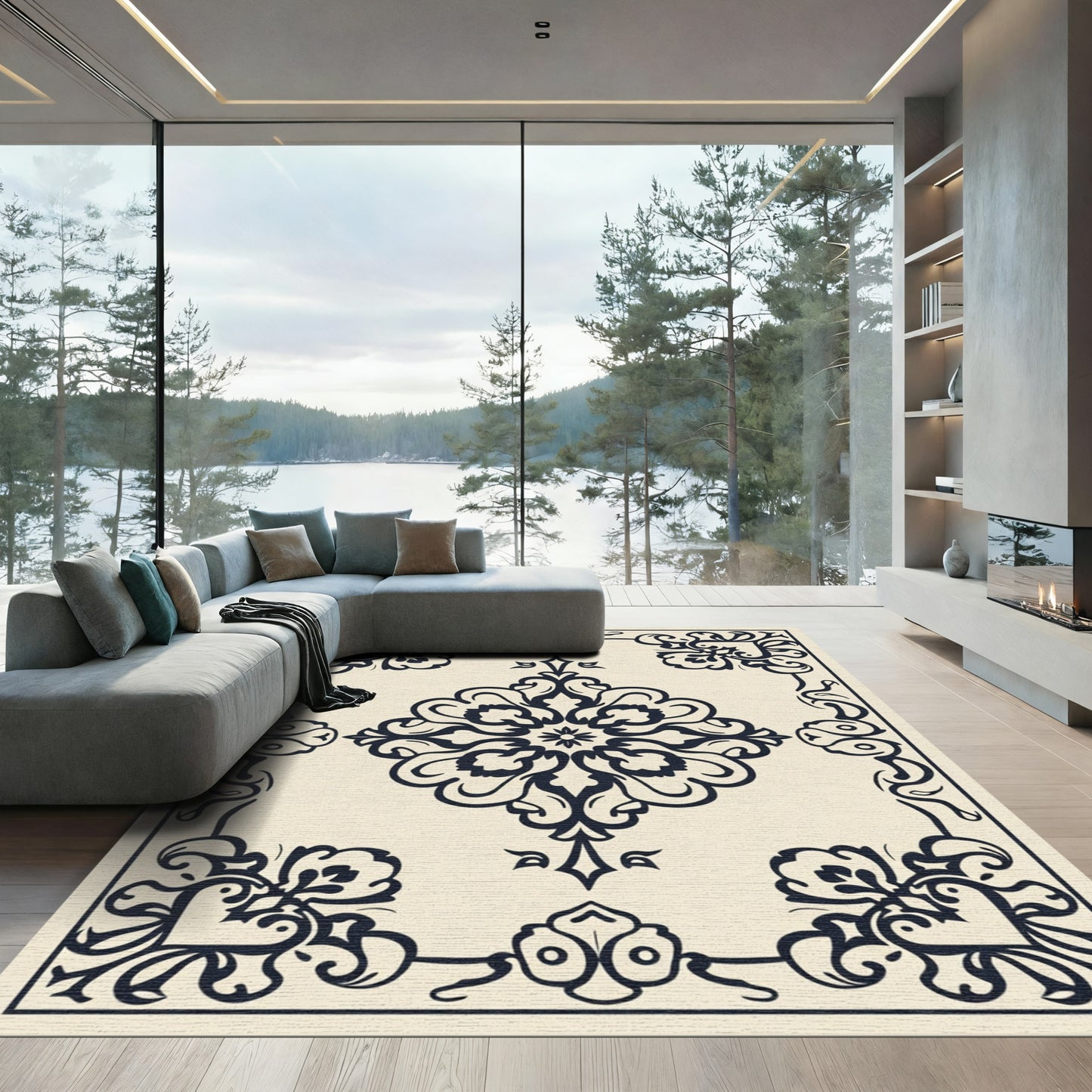 Cream Indigo Scrollwork Medallion Rug