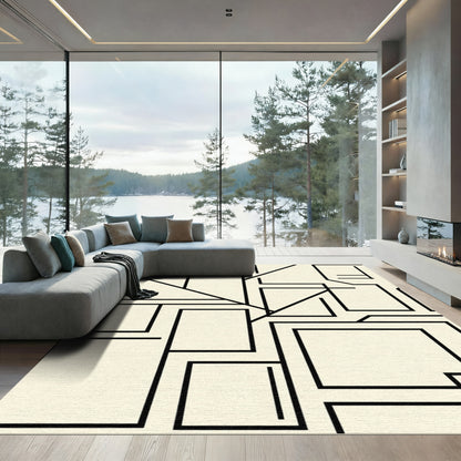 Cream Black Geometric Rectangles Arrangement Rug