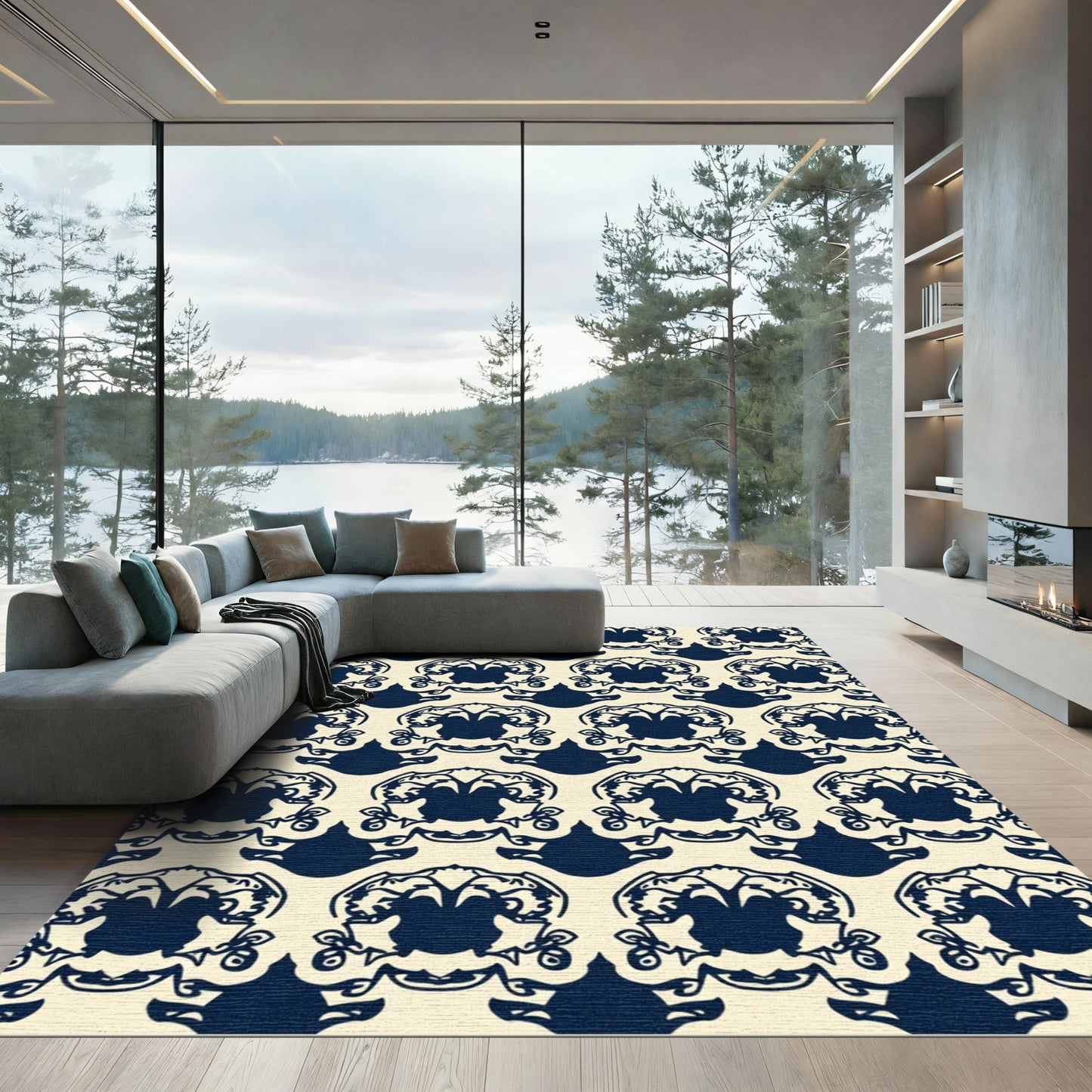 Navy Blue Ornate Flourish Damask Rug