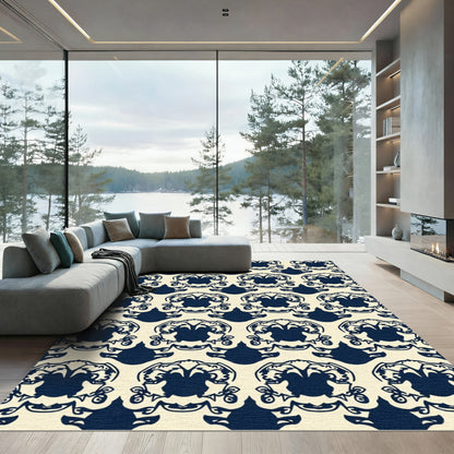 Navy Blue Ornate Flourish Damask Rug