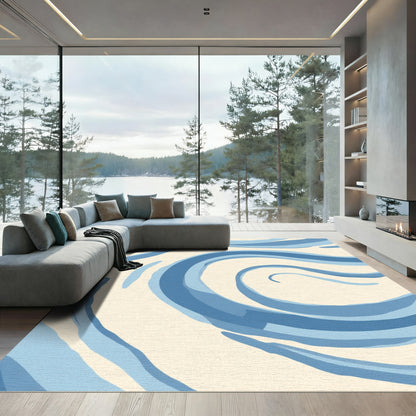 Cream Blue Swirl Abstract Shape Rug