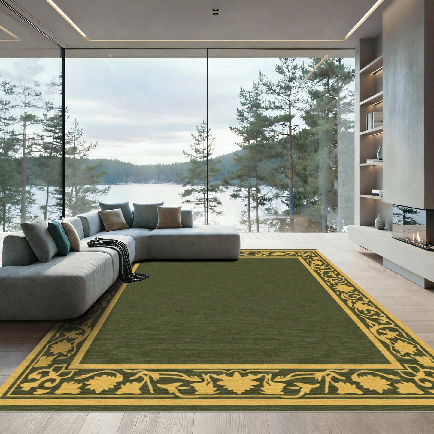Olive Green Floral Border Rug