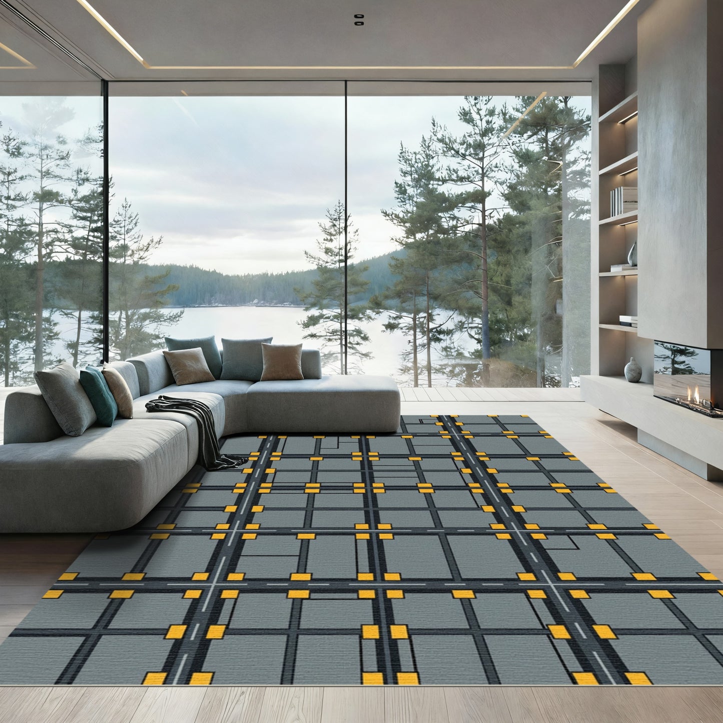 Urban Grid Cityscape Yellow Square Rug